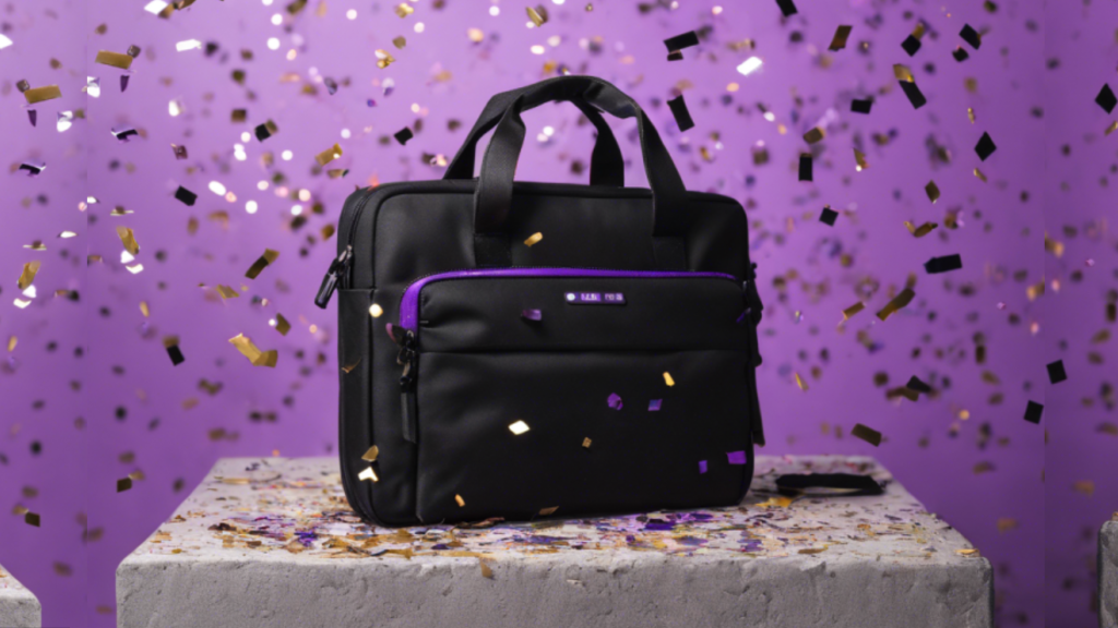 A better laptop bag on a podium with purple glitter.