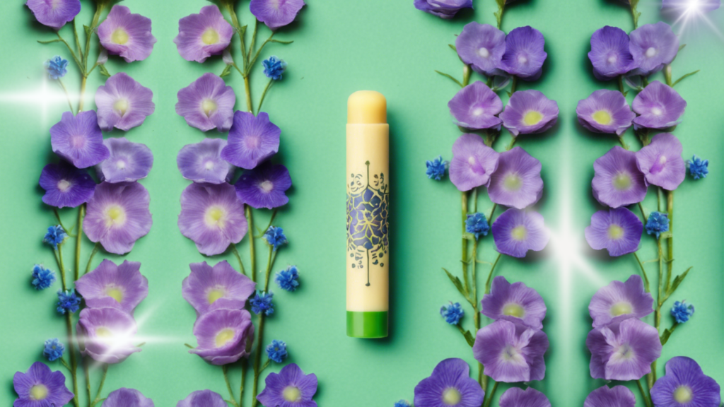 Personal promotional products - beeswax lip balm on green background with purple flowers.