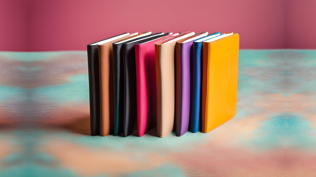 Stack of branded notebooks on colourful tabletop.