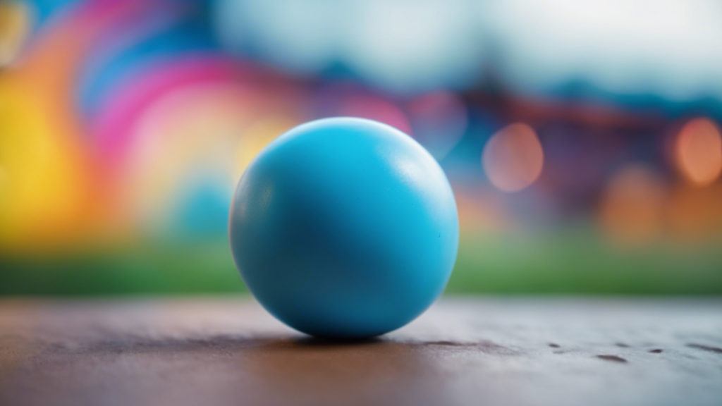 Blue stress balls with rainbow background.