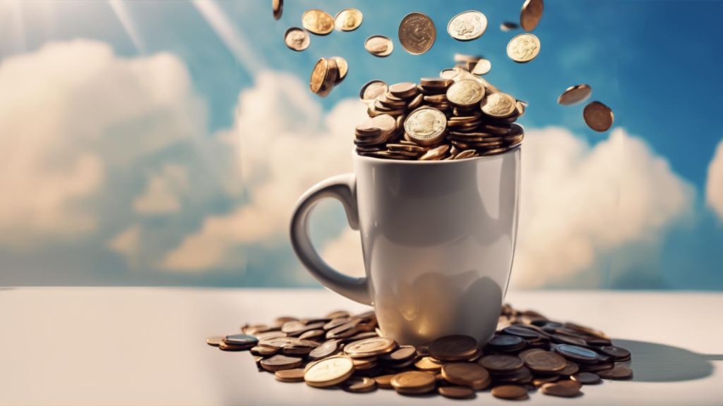 A mug filled with coin with clouds in the background to represent the cost of promotional products.