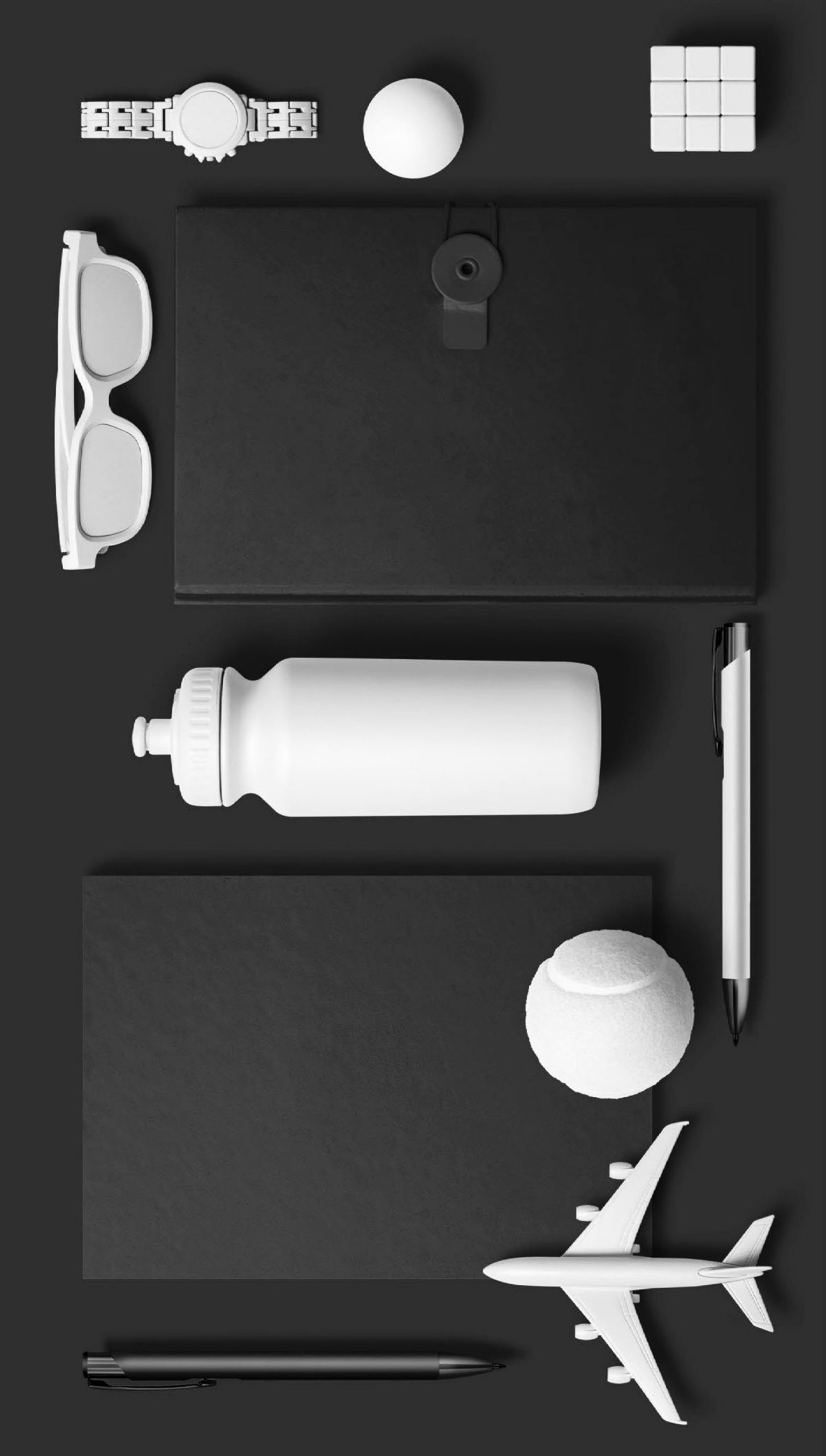 Black and white promotional products on a black background