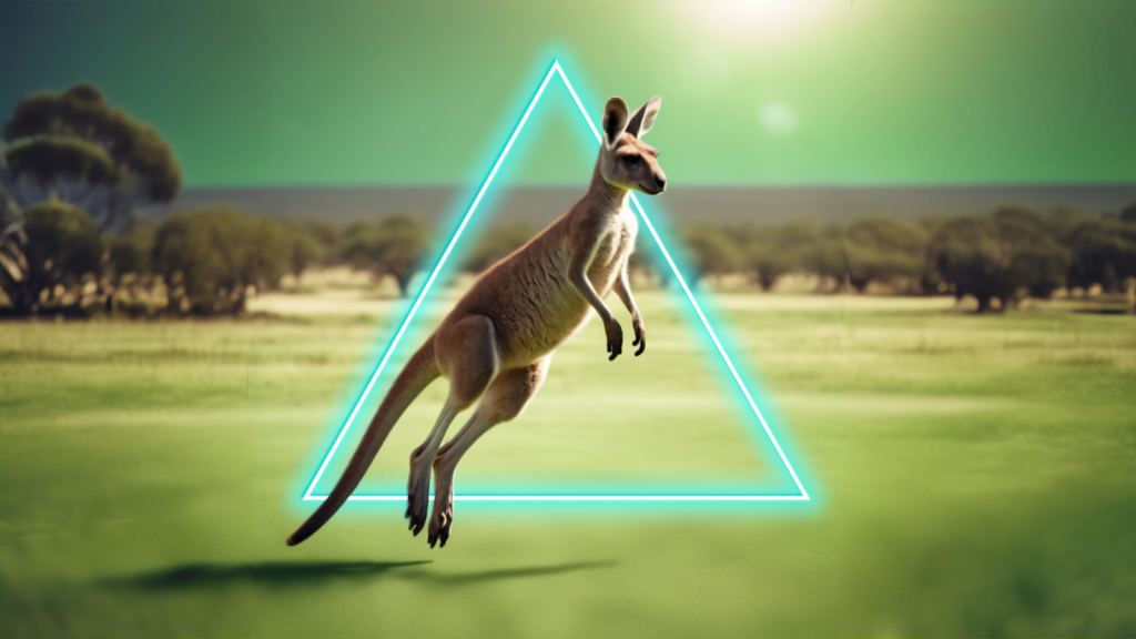 Australian made promotional products logo with kangaroo jumping through green triangle.