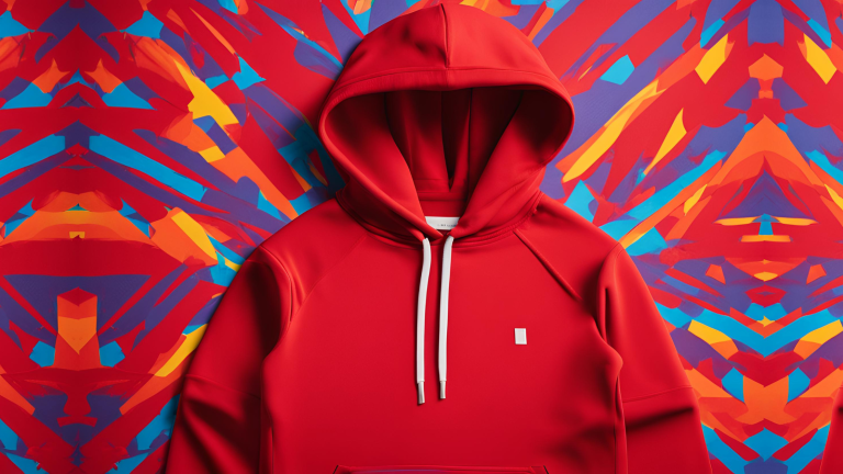 Red winter apparel hoodie on bright colourful background.