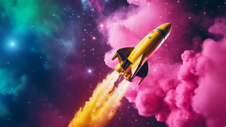 a yellow rocket ship representing creative promotional products blasting off into a colourful galaxy.
