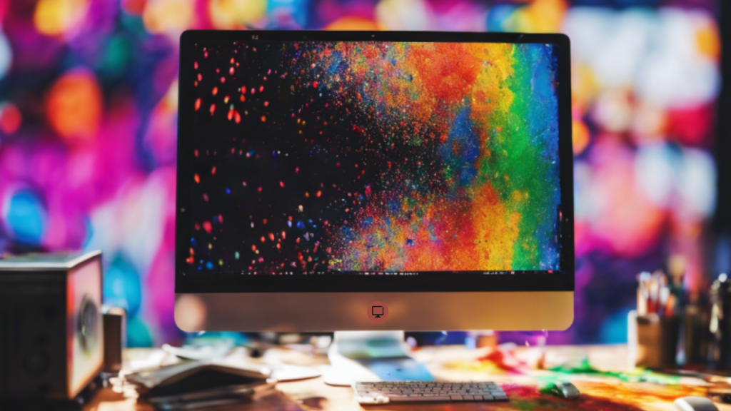 A desktop computer with print-ready artwork on the screen and bright background.